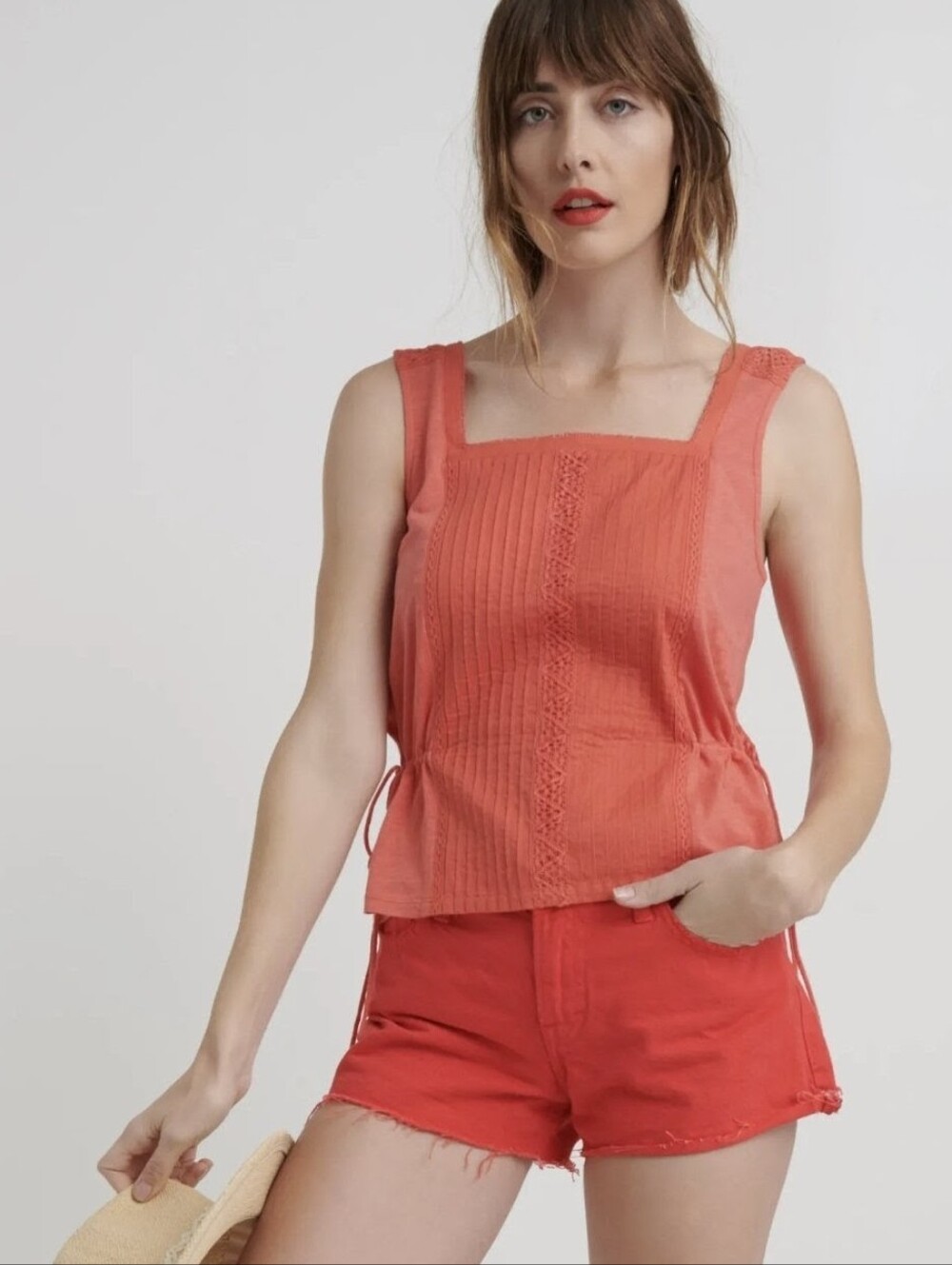 Women's Lucky Brand Sleeveless Square-Neck Crochet-Trim Tank Top - Coral